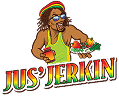 Cartoon character with food, "Jus' Jerkin" text.