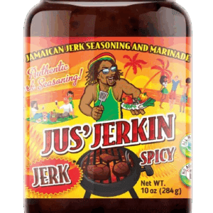 Jerk seasoning jar with vibrant label design.