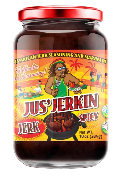 Jerk seasoning jar with vibrant label design.