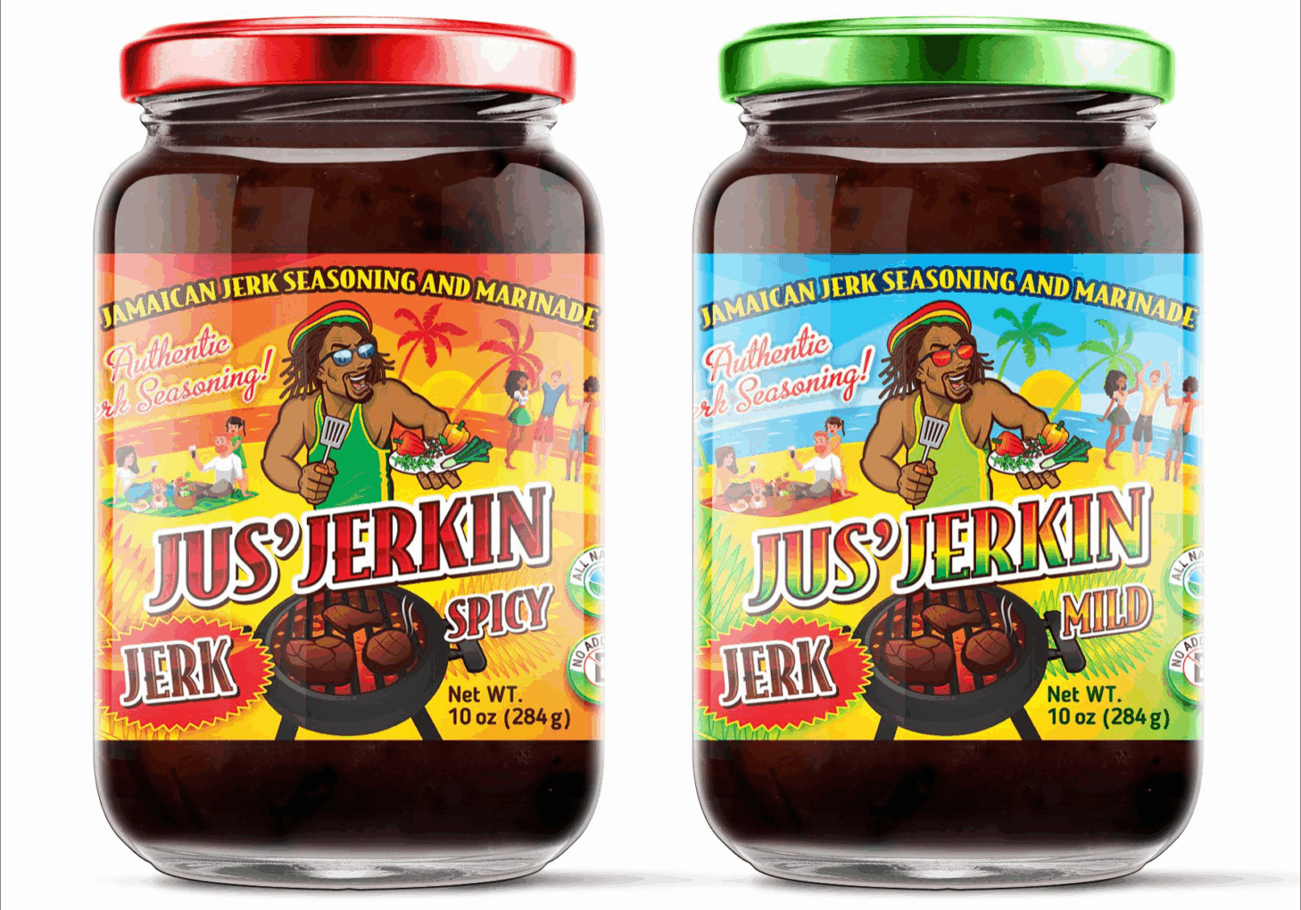 Jamaican Jerk seasoning jars, spicy and mild.